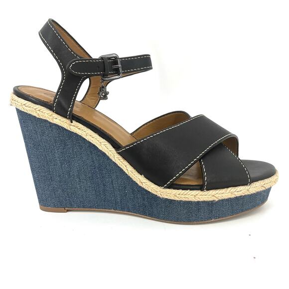 Coach Women's Eaton Black Leather Denim Espadrille Wedge Sandals Size 10B G2232 - Picture 1 of 8